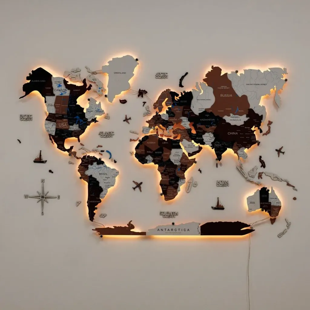 World Map Décor  Poster Wall Art Laser cut Décor  Wall Art with background lighting